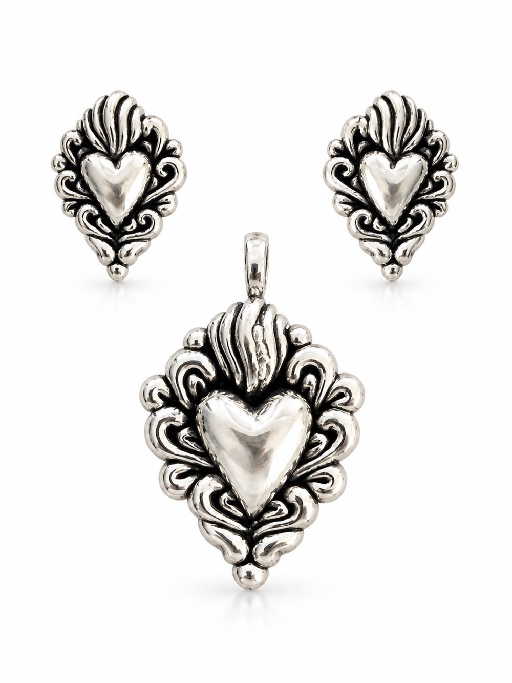 Sterling Heart Filigree Pendant & Earring Set - Silver